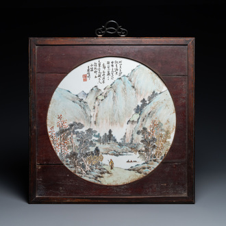 A round Chinese qianjiang cai 'landscape' plaque, signed Wang Shao Wei, 19th C.