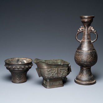 A Chinese bronze vase, a ewer and a censer, Ming/Qing