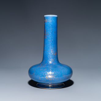 A Chinese gilt-decorated powder blue-ground bottle vase, Kangxi mark, 19th C.
