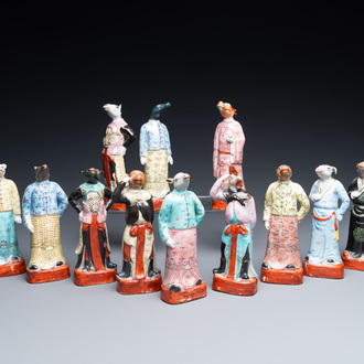 A complete set of twelve Chinese famille rose zodiac figures, Hongxian seal mark, Republic