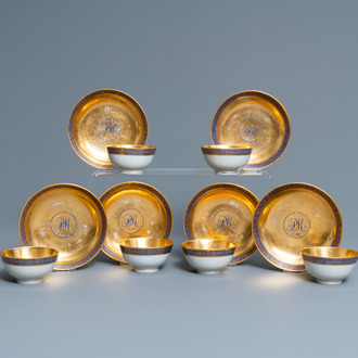 Six rare Chinese monogrammed gilt-ground cups and saucers, Yongzheng/Qianlong