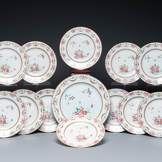 Twelve Chinese famille rose plates and a dish, Qianlong