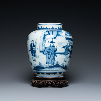 A Chinese blue and white vase with narrative design on wooden stand, Transitional period