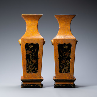 A pair of Japanese square lacquerware and rayskin vases on stands, Meiji, 19th C.