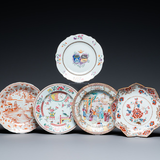 Five Chinese famille rose and iron-red and gilt dishes, Kangxi/Qianlong