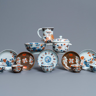 A Chinese Imari-style porringer, a mug, a bowl and five cups and saucers, Kangxi/Qianlong