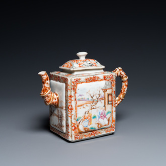 Een grote Chinese faux-bamboe theepot met mandarijns decor, Qianlong