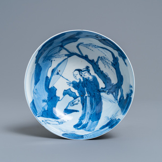 A Chinese blue and white 'Xi Xiang Ji' shallow bowl depicting Cui Yingying and her mother, Kangxi