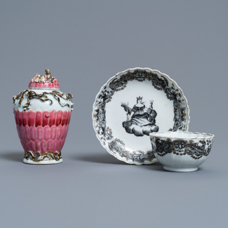 A Chinese famille rose tea caddy and a grisaille cup and saucer, Yongzheng/Qianlong