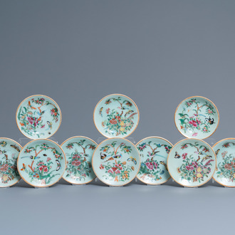 Ten Chinese Canton famille rose celadon-ground plates, 19th C.