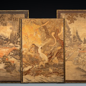 Three large Japanese silk embroideries with landscapes, Meiji, 19th C.