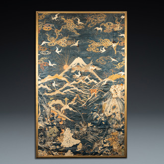 A large Japanese silk embroidery with Mount Fuji, cranes and carps, Meiji, 19th C.