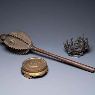 A bronze stand, a weapon and a figurative ornament, China and Vietnam, 19/20th C.