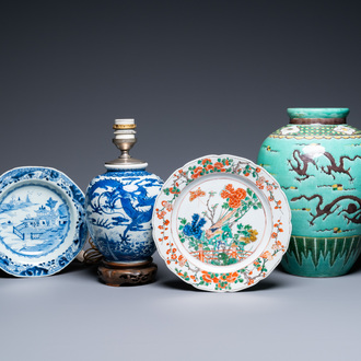 Two Chinese blue and white and famille verte dishes and two vases, Kangxi and later