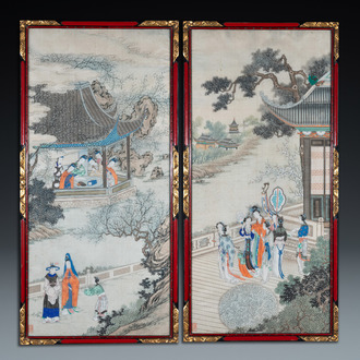 Chinese school, ink and color on silk: 'Two scenes with ladies near a river', 19th C.