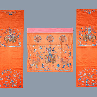 Three Chinese embroidered silk panels with elephants and buddhist lions, 19th C.