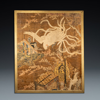 A large Japanese silk embroidery with a phoenix, Meiji, 19th C.