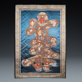 A Chinese embroidered silk 'Shou' panel with immortals, 19th C.
