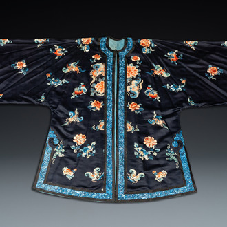 A Chinese 'forbidden stitch' embroidered silk ladies robe with flowers and butterflies, 19th C.