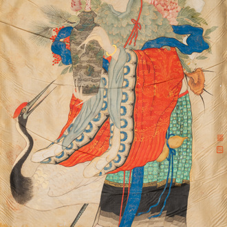 Chinese school, ink and color on silk: 'Magu with a crane', 18/19th C.