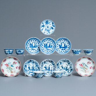 Nine Chinese blue and white and famille rose saucers and six cups, Kangxi/Qianlong