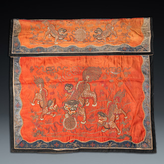 A Chinese gold thread-embroidered silk 'Buddhist lions' panel, 19th C.