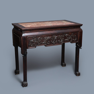 A Chinese wooden marble top table, 19/20th C.