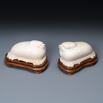 A pair of Chinese ivory quail-shaped boxes on inlaid wooden stands, Republic
