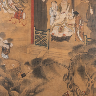 Chinese school, ink and color on paper: 'One of the ten kings of hell', Qing