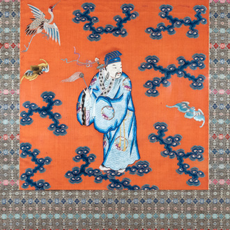 A Chinese embroidered silk panel depicting Lu Dongbin, 18/19th C.