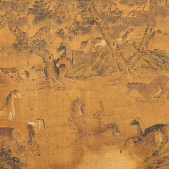 Chinese school, ink and color on paper: 'Horses and their caretakers in a landscape', Ming/Qing