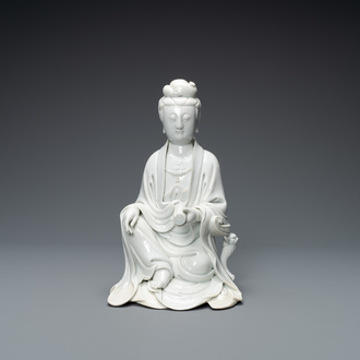 A Chinese Dehua blanc de Chine figure of Guanyin, Boji Yuren mark, 18/19th C.