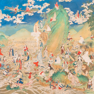 Chinese school, ink and color on canvas: 'Mountainous landscape with goddesses, mythical animals and boys', 19/20th C.