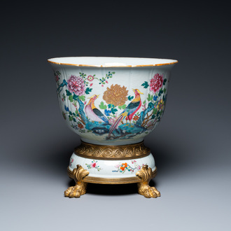 A Chinese famille rose jardinière on ormolu bronze and porcelain stand, Qianlong