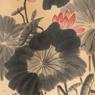 Lou Shibai (1918-2010), encre et couleurs sur papier: 'Fleurs de lotus'