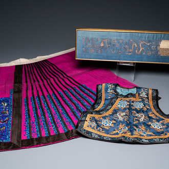 A Chinese embroidered silk jacket, a skirt and a sleeve fragment, Qing