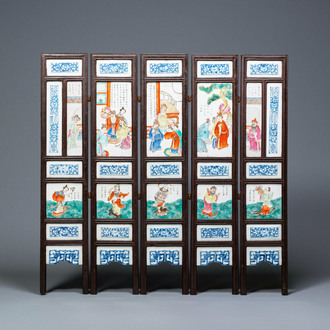 A Chinese five-fold wooden screen with famille rose plaques, 19th C.