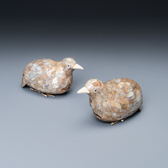 A pair of Chinese quail-shaped mother-of-pearl-set wooden boxes and covers, Qianlong mark, Qing