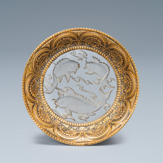 A Chinese gilt metal-mounted etched glass cup stand with carps, Qing