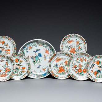 A Chinese famille verte dish and six plates, Kangxi