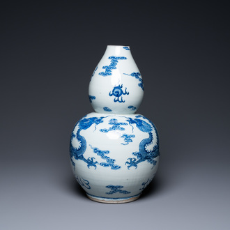 A Chinese blue and white double gourd 'dragons' vase, Qianlong