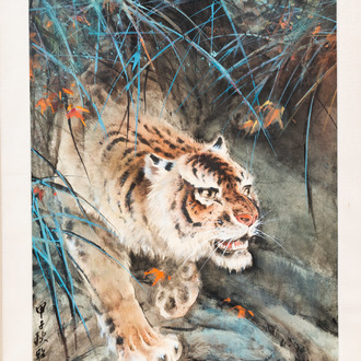 Chinese school, ink and color on paper: 'Crouching tiger', 20th C.