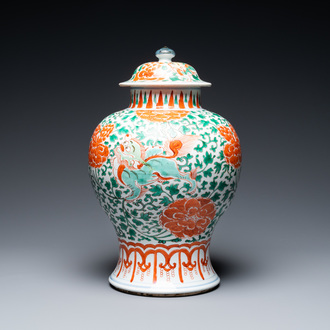 A Chinese famille verte 'Buddhist lions' vase and cover, Kangxi