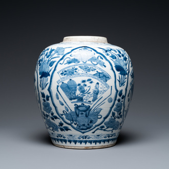A Chinese blue and white jar with figurative medallions, Kangxi