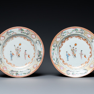 A pair of Chinese famille rose 'mandarin' plates, Qianlong