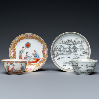 Deux tasses et soucoupes en porcelaine de Chine famille rose et grisaille, Yongzheng/Qianlong