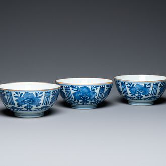 Three Chinese blue and white 'Shou' bowls, Kangxi