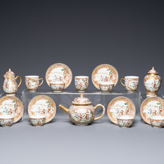 Een Chinees famille rose 18-delig theeservies met een konijnenjacht, Qianlong