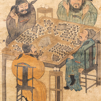 D'après You Qiu (ca. 1525-1580), estampe rehaussé d'encre et couleurs: 'Quatre joueurs de mahjong', 20ème