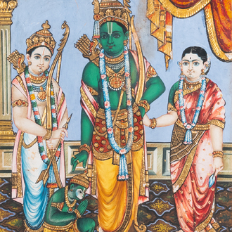 Thanjavur school, India: 'Vishnu', kleur en bladgoud op papier, 19e eeuw